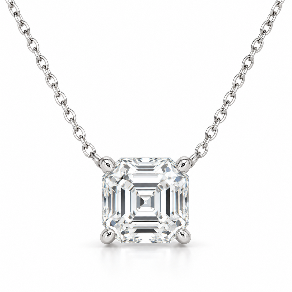 Asscher Solitaire Lab Diamond Pendant Necklace in 14K white gold — illustrative design rendering