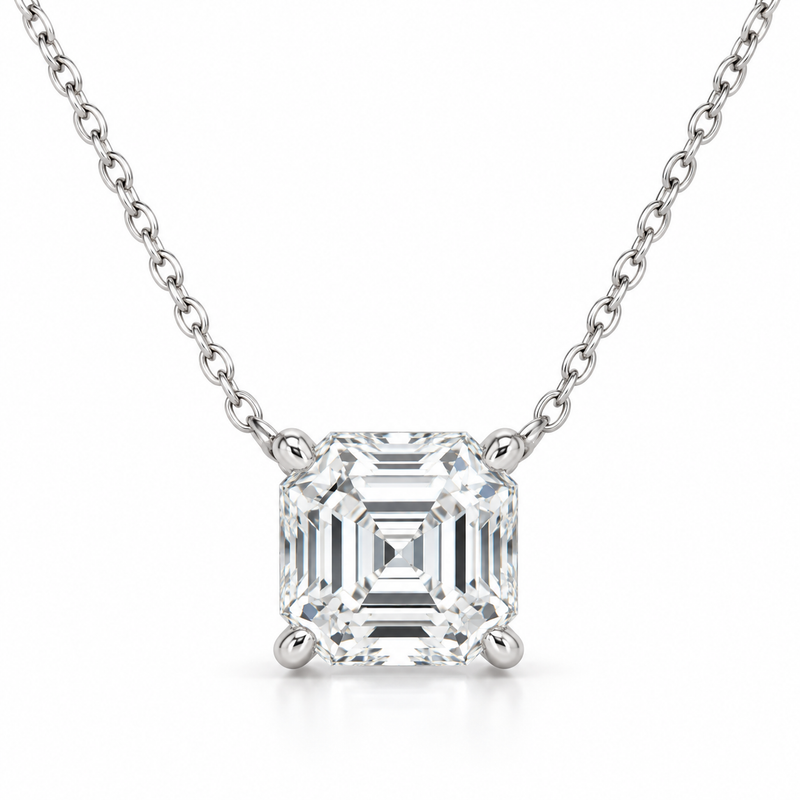 Asscher Solitaire Lab Diamond Pendant Necklace in 14K white gold — illustrative design rendering