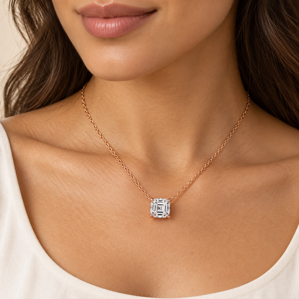 Asscher Solitaire Lab Diamond Pendant Necklace — on-neck view, illustrative design rendering