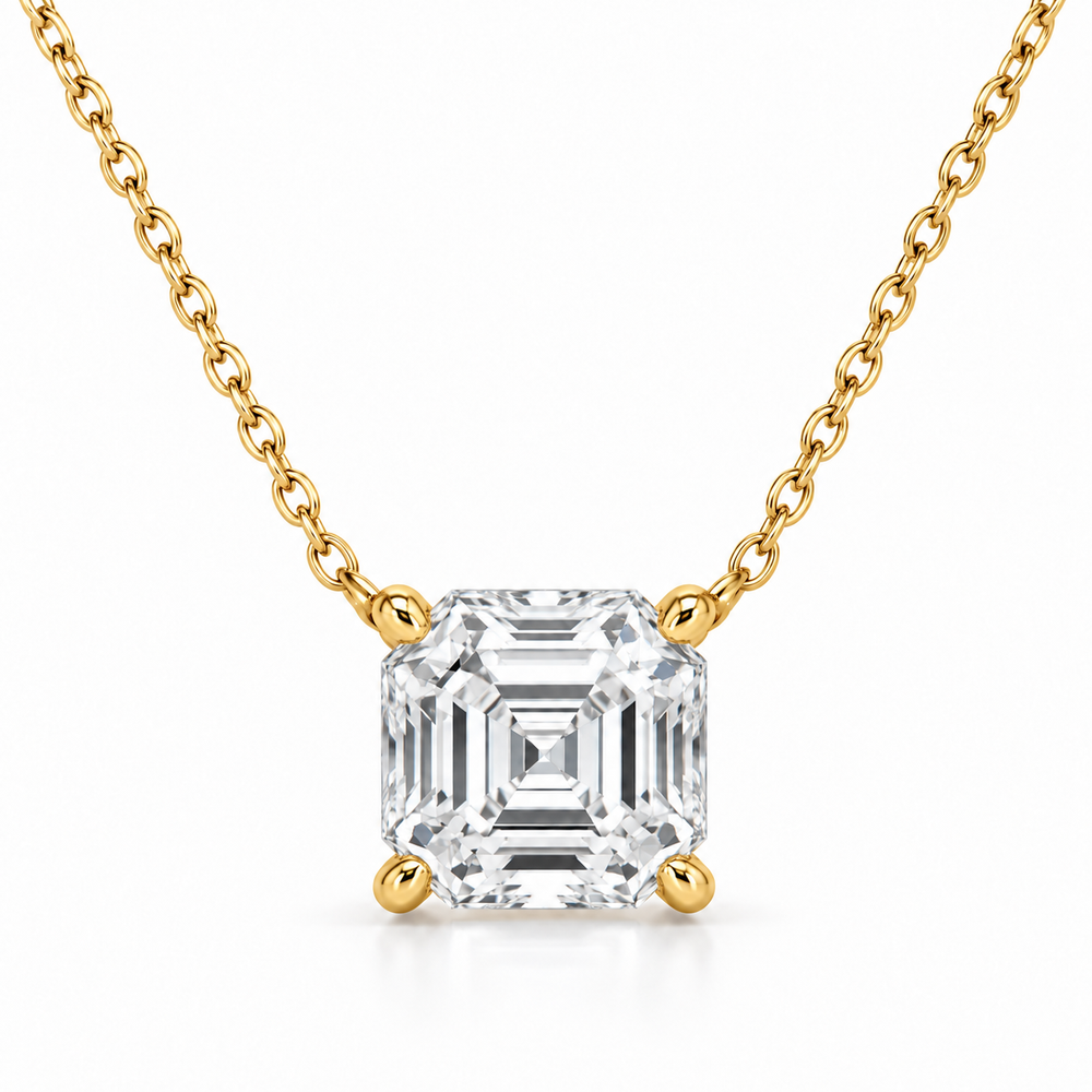 Asscher Solitaire Lab Diamond Pendant Necklace in 14K yellow gold — illustrative design rendering