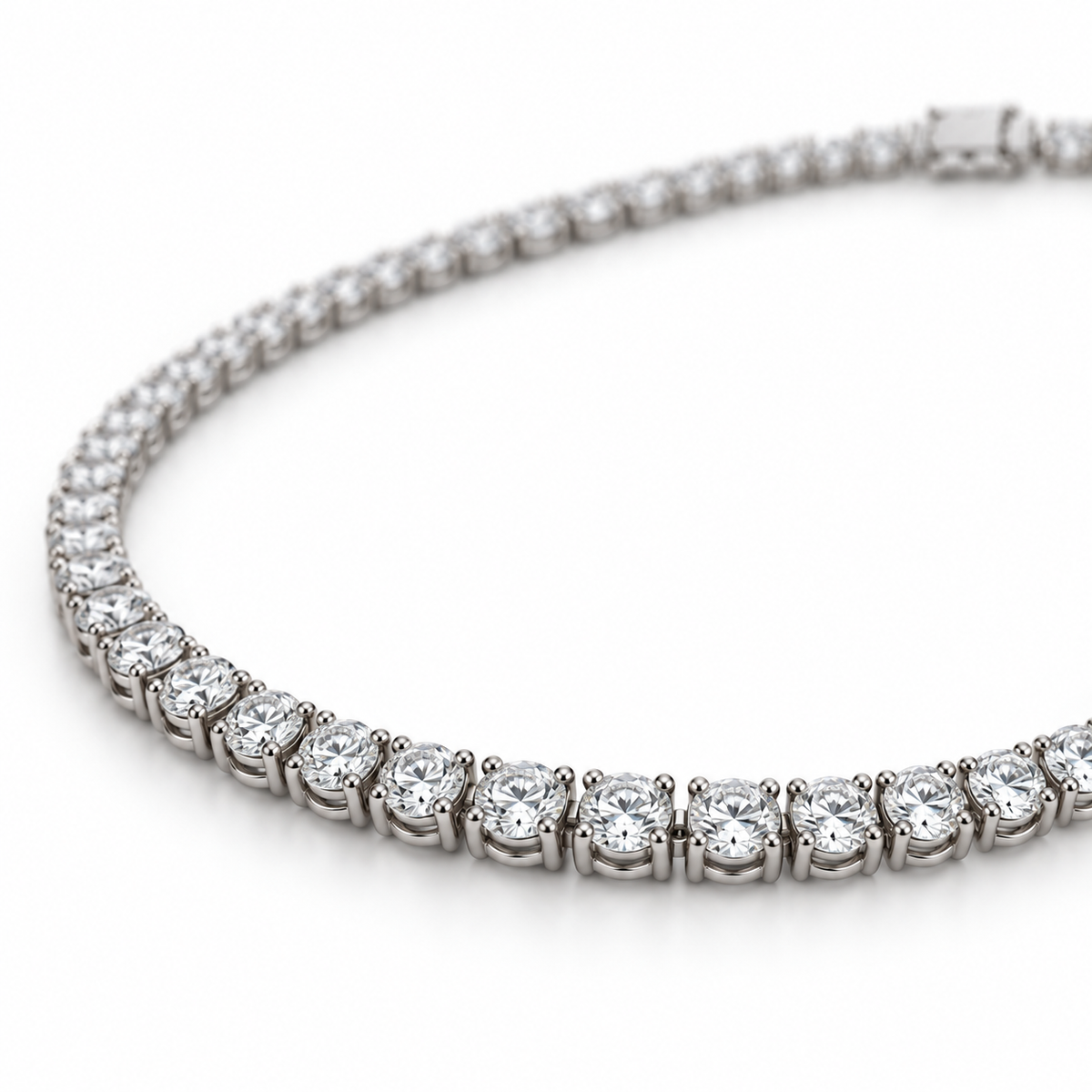 Classic Four-Prong Lab Diamond Tennis Necklace — alternate close-up angle, illustrative design rendering