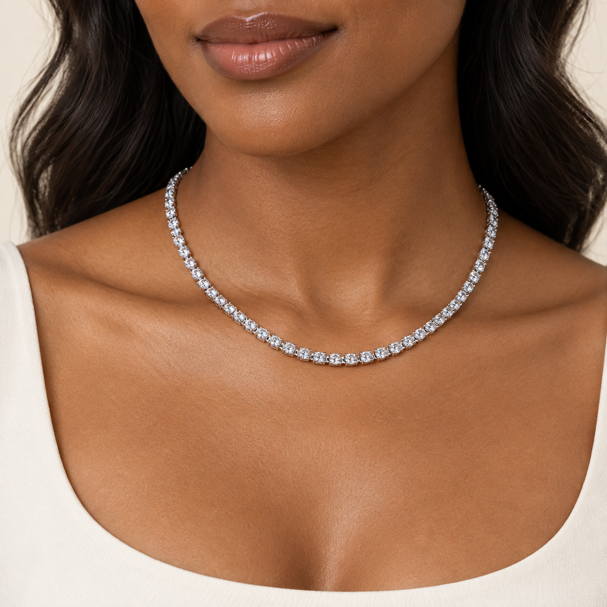 Classic Four-Prong Lab Diamond Tennis Necklace — on-neck view, illustrative design rendering