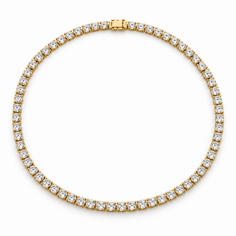 Classic Four-Prong Lab Diamond Tennis Necklace in 14K yellow gold — illustrative design rendering