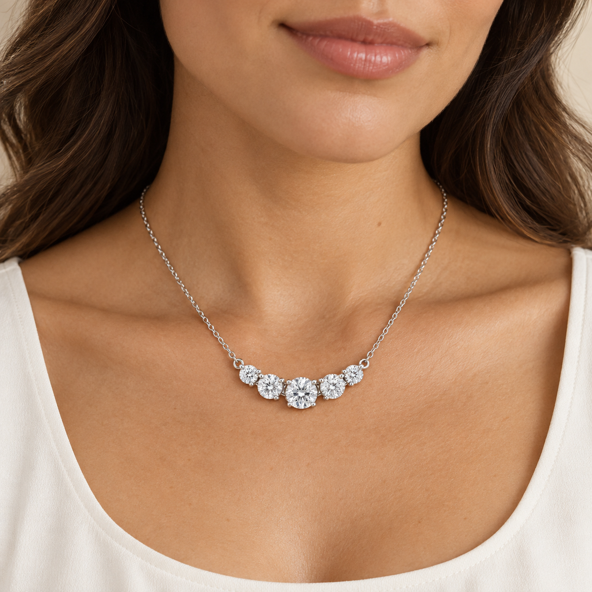 Five-Stone Graduated Lab Diamond Necklace — on-neck view, illustrative design rendering