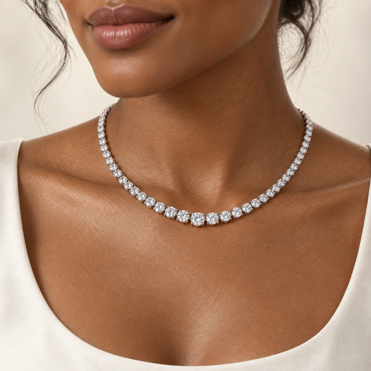 Graduated Round Lab Diamond Tennis Necklace — on-neck view, illustrative design rendering