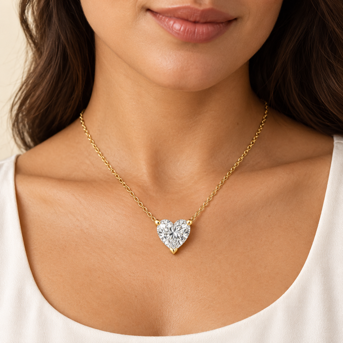 Heart Solitaire Lab Diamond Pendant Necklace — on-neck view, illustrative design rendering