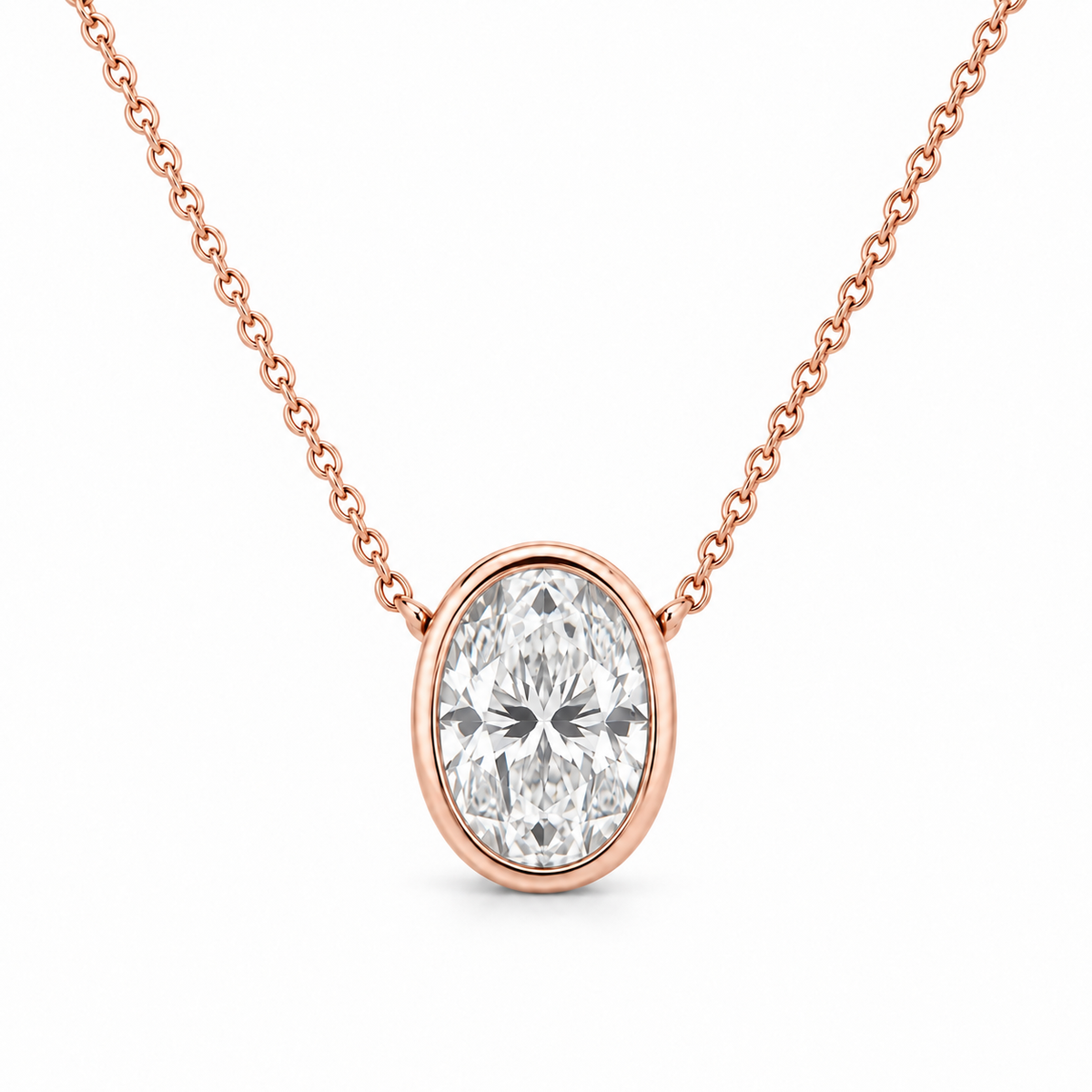 Oval Bezel Lab Diamond Pendant Necklace in 14K rose gold — illustrative design rendering