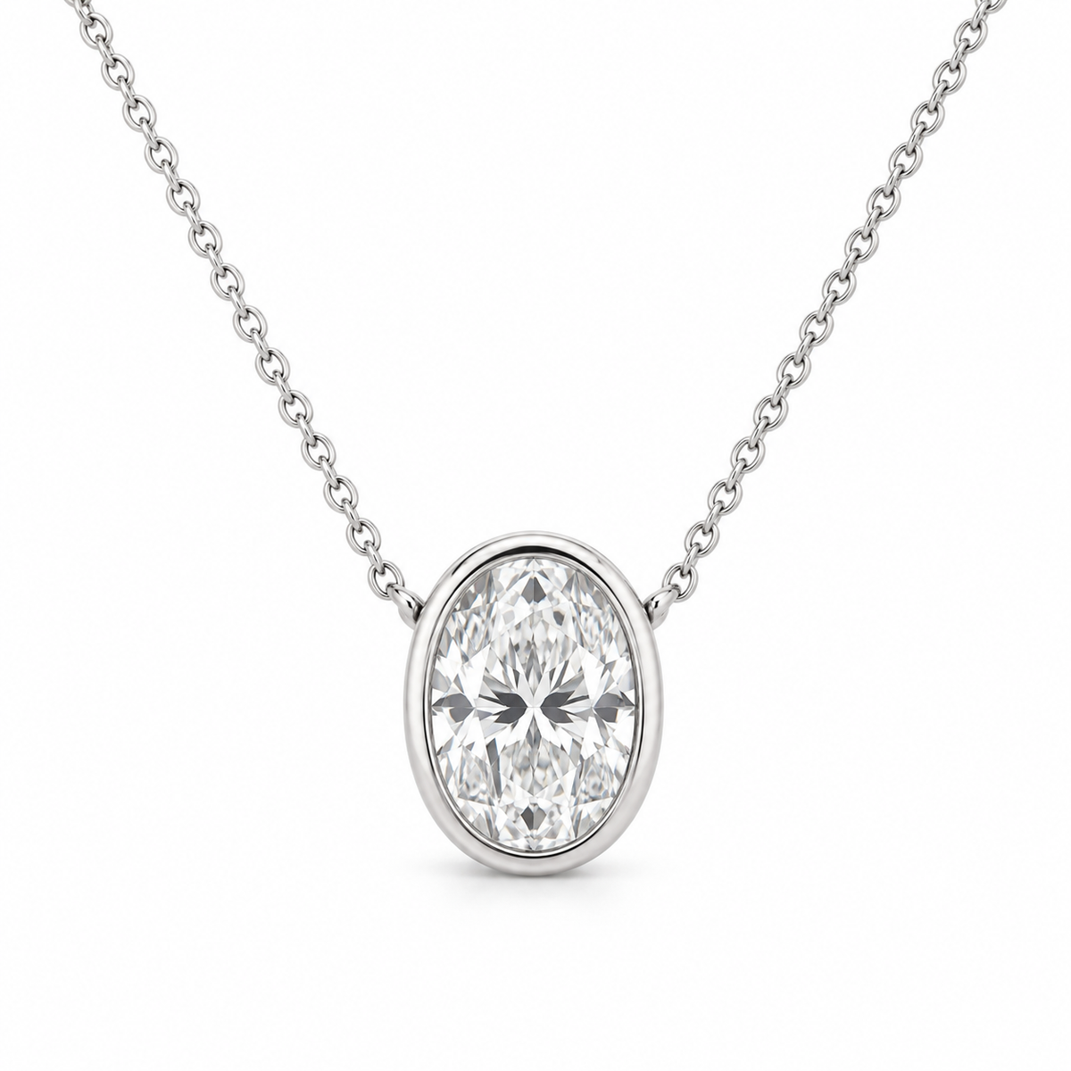 Oval Bezel Lab Diamond Pendant Necklace in 14K white gold — illustrative design rendering