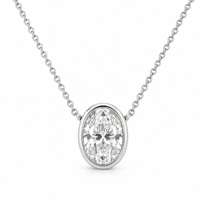 Oval Bezel Lab Diamond Pendant Necklace in 14K white gold — illustrative design rendering