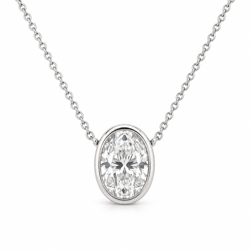 Oval Bezel Lab Diamond Pendant Necklace in 14K white gold — illustrative design rendering
