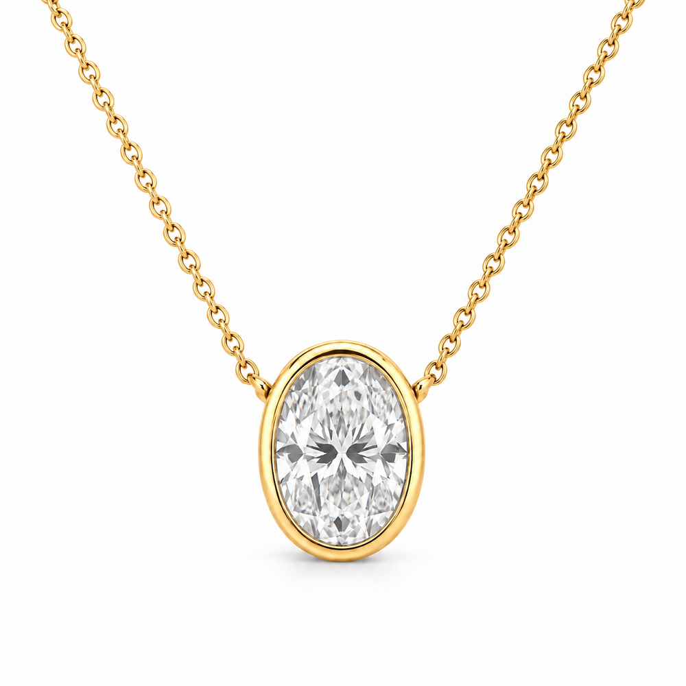 Oval Bezel Lab Diamond Pendant Necklace in 14K yellow gold — illustrative design rendering