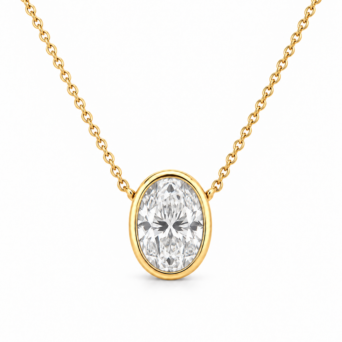Oval Bezel Lab Diamond Pendant Necklace in 14K yellow gold — illustrative design rendering