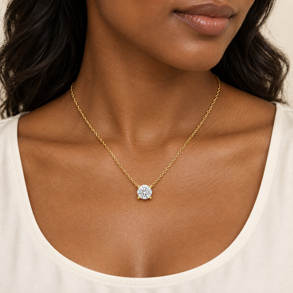 Round Solitaire Lab Diamond Pendant Necklace — on-neck view, illustrative design rendering