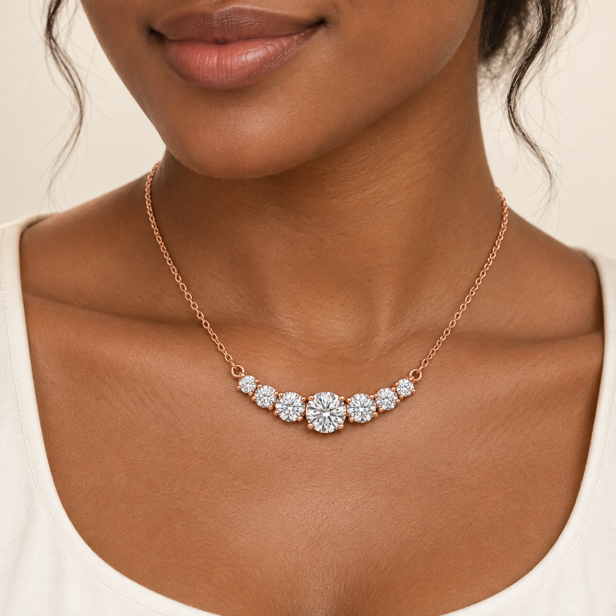 Seven-Stone Graduated Lab Diamond Necklace — on-neck view, illustrative design rendering