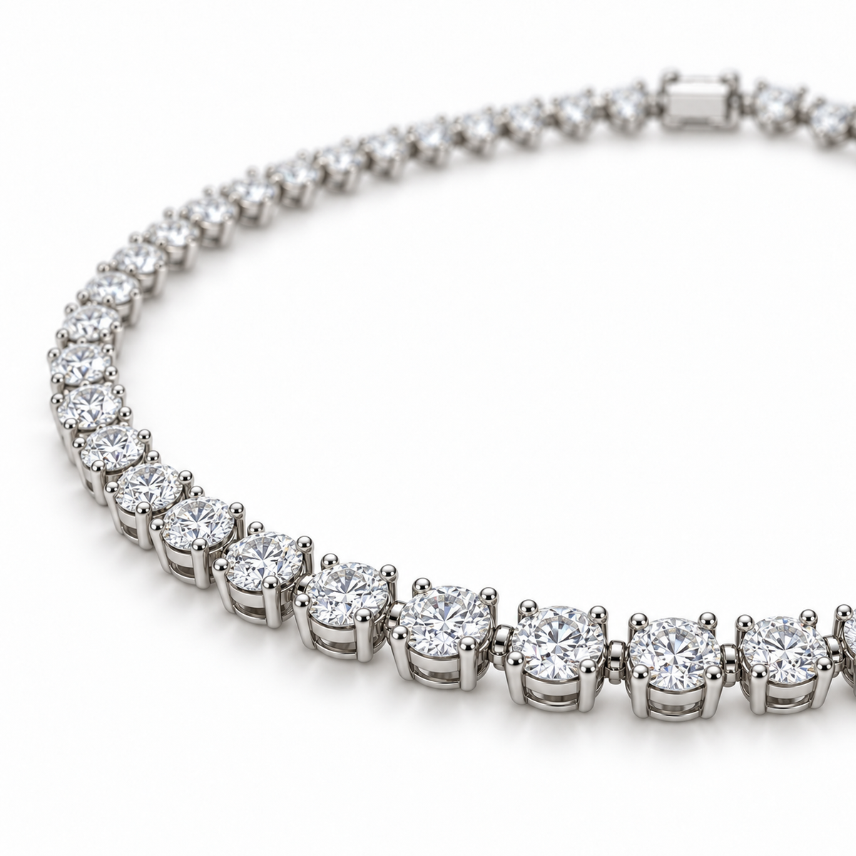 Three-Prong Round Lab Diamond Tennis Necklace — alternate close-up angle, illustrative design rendering