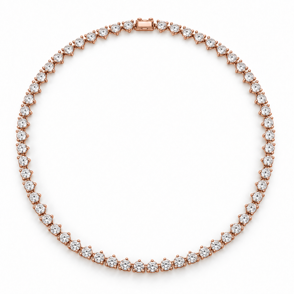 Three-Prong Round Lab Diamond Tennis Necklace in 14K rose gold — illustrative design rendering
