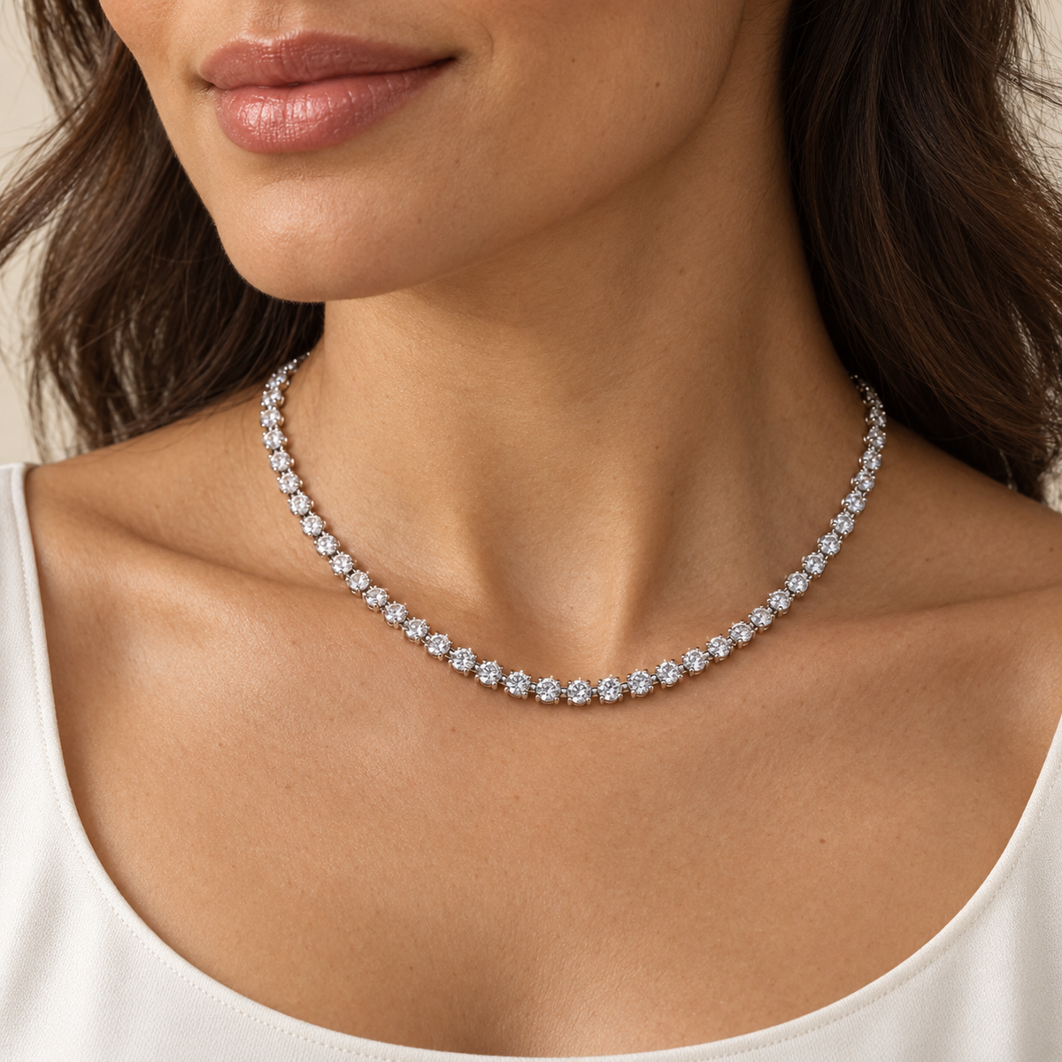 Three-Prong Round Lab Diamond Tennis Necklace — on-neck view, illustrative design rendering