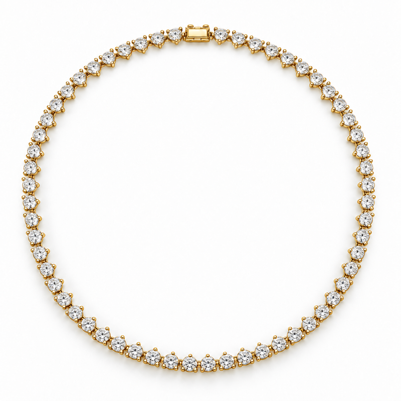 Three-Prong Round Lab Diamond Tennis Necklace in 14K yellow gold — illustrative design rendering