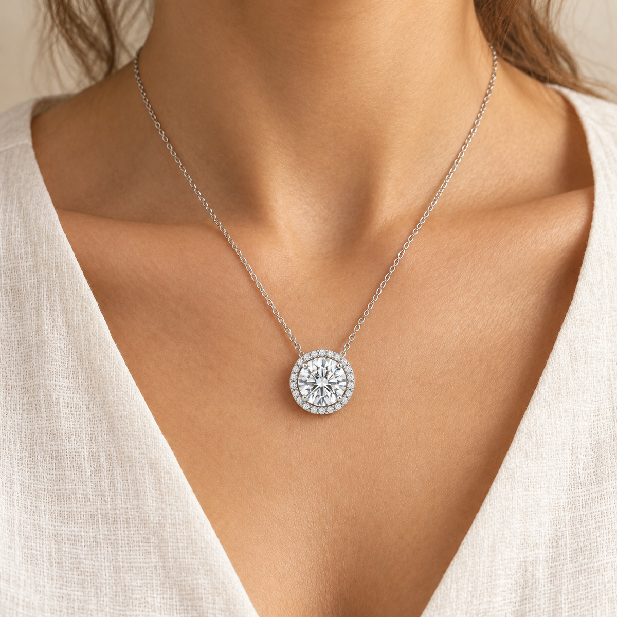 Signature Halo, Round, white gold worn view — illustrative design rendering