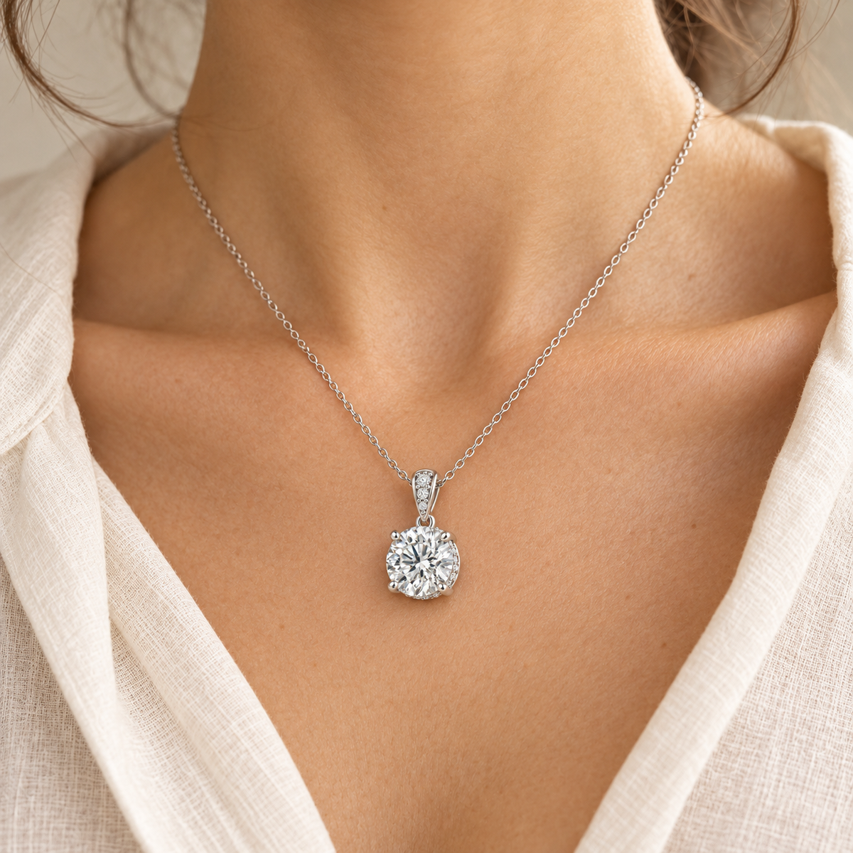 Hidden Halo & Diamond Bail, Round, white gold worn view — illustrative design rendering