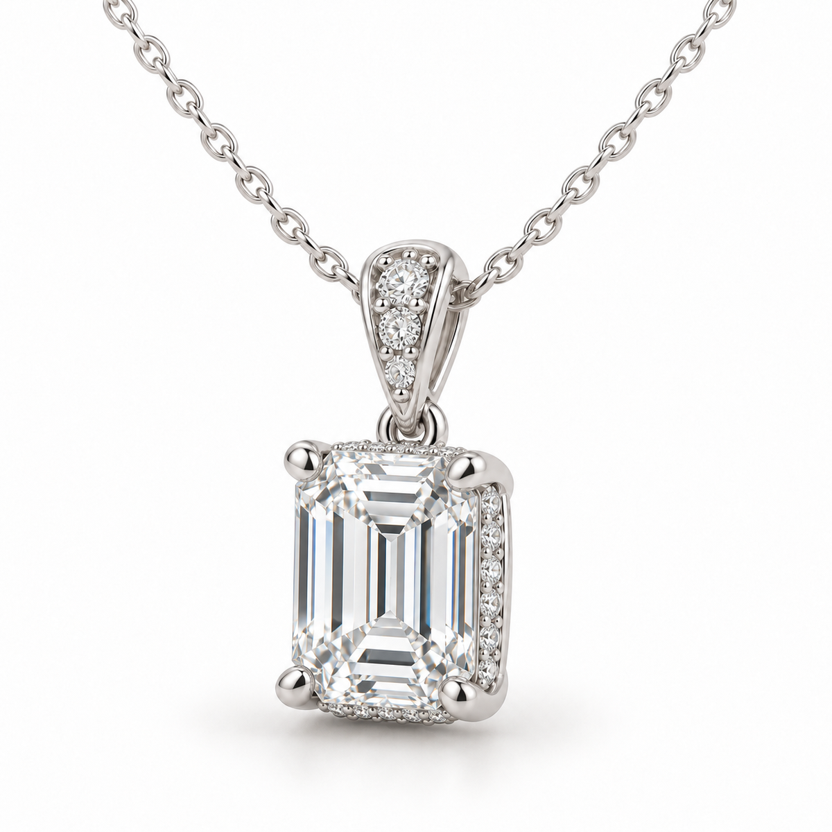 Hidden Halo & Diamond Bail, Emerald, 14K White Gold — illustrative design rendering