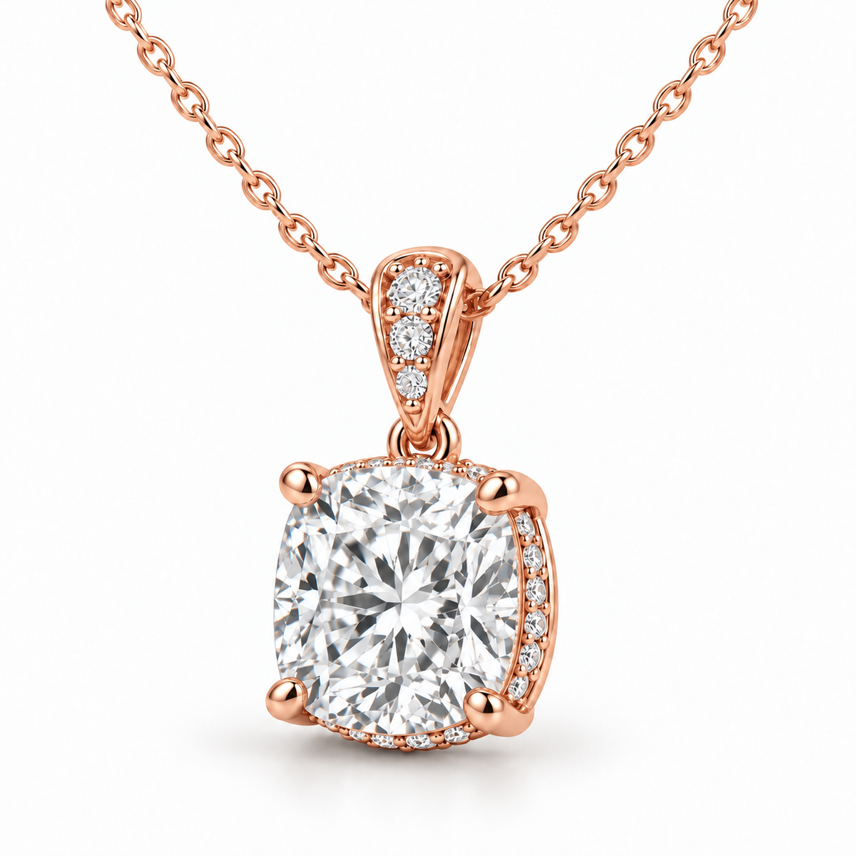 Hidden Halo & Diamond Bail, Cushion, 14K Rose Gold — illustrative design rendering