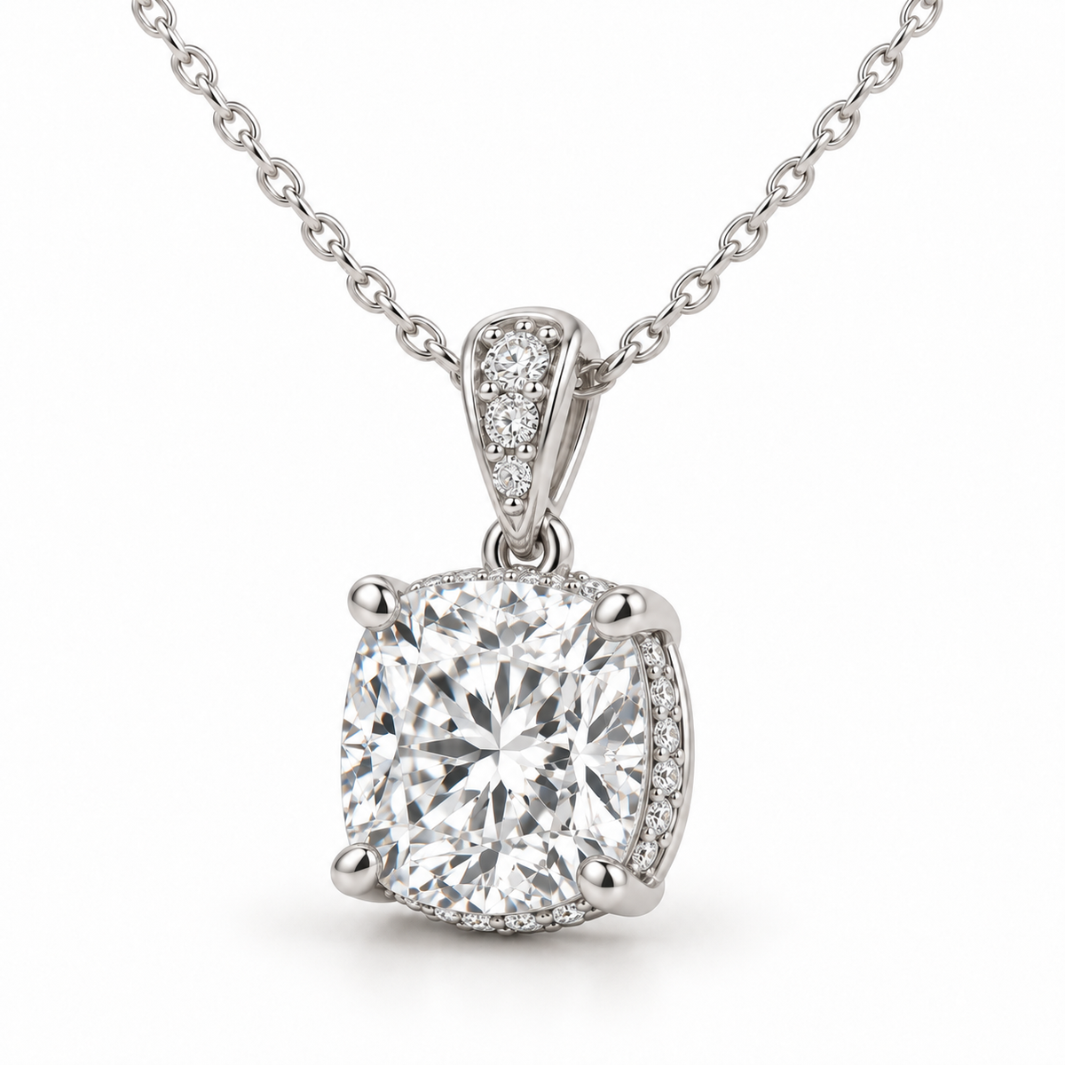Hidden Halo & Diamond Bail, Cushion, 14K White Gold — illustrative design rendering