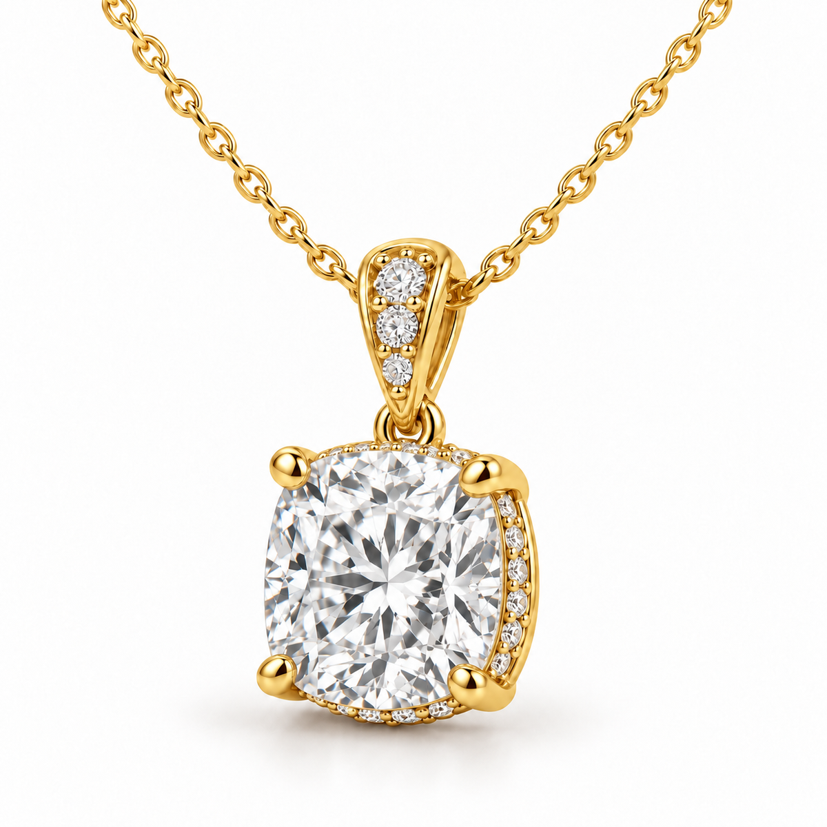 Hidden Halo & Diamond Bail, Cushion, 14K Yellow Gold — illustrative design rendering