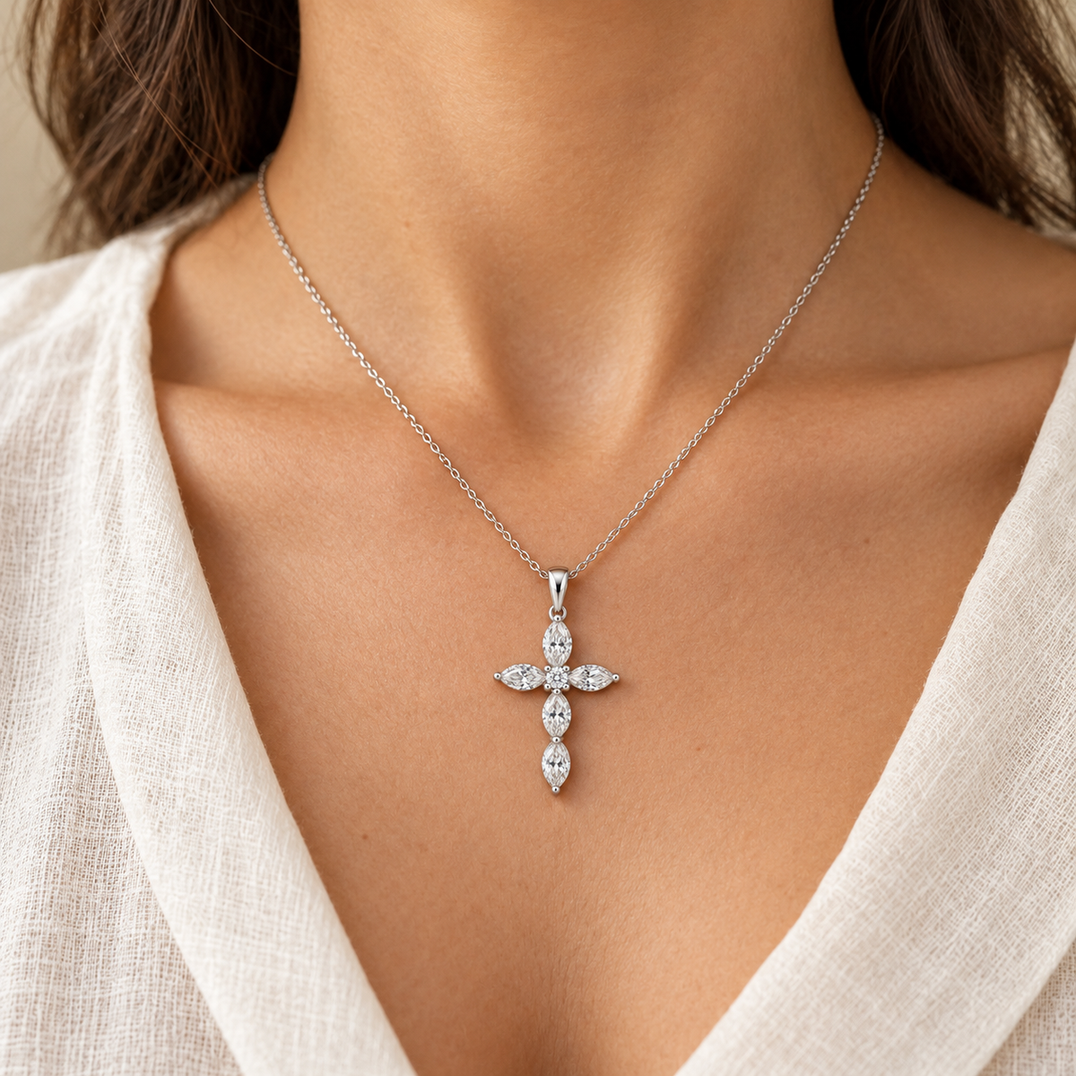 Petal Cross, Marquise & Round, white gold worn view — illustrative design rendering