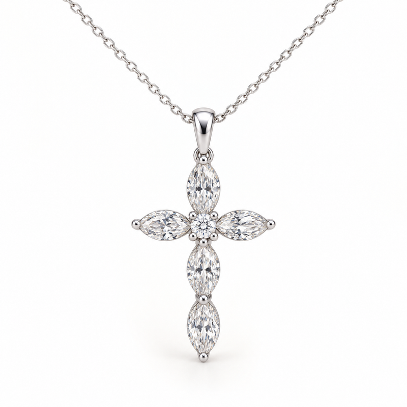 Petal Cross, Marquise & Round, 14K White Gold — illustrative design rendering