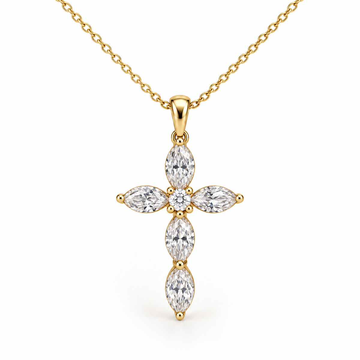 Petal Cross, Marquise & Round, 14K Yellow Gold — illustrative design rendering