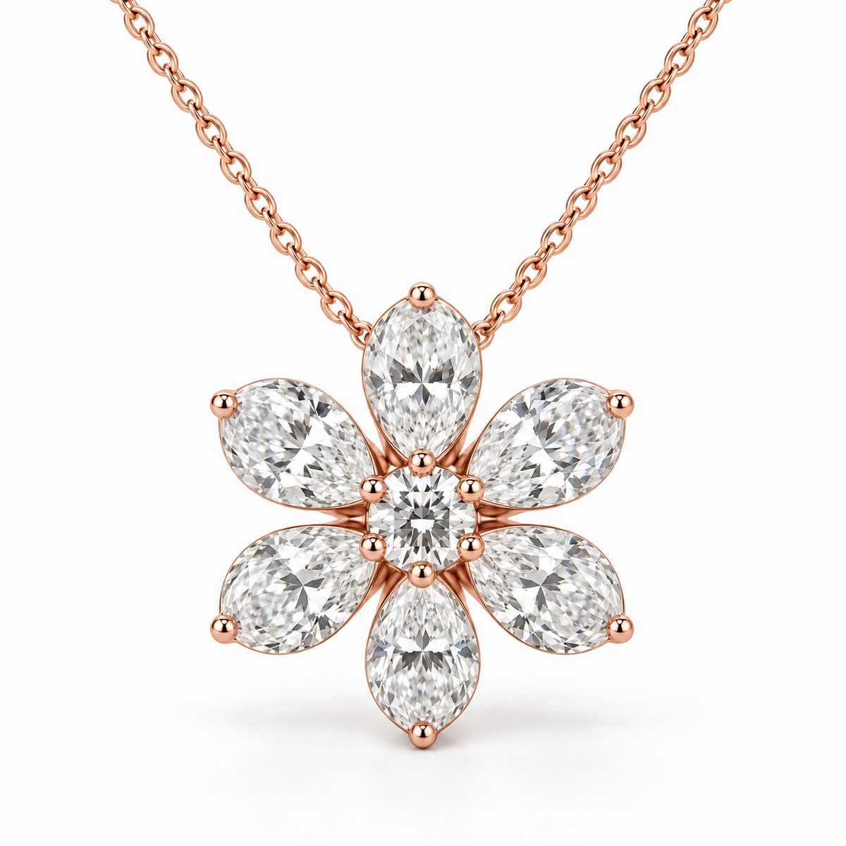 Six-Petal Diamond Flower, Pear & Round, 14K Rose Gold — illustrative design rendering