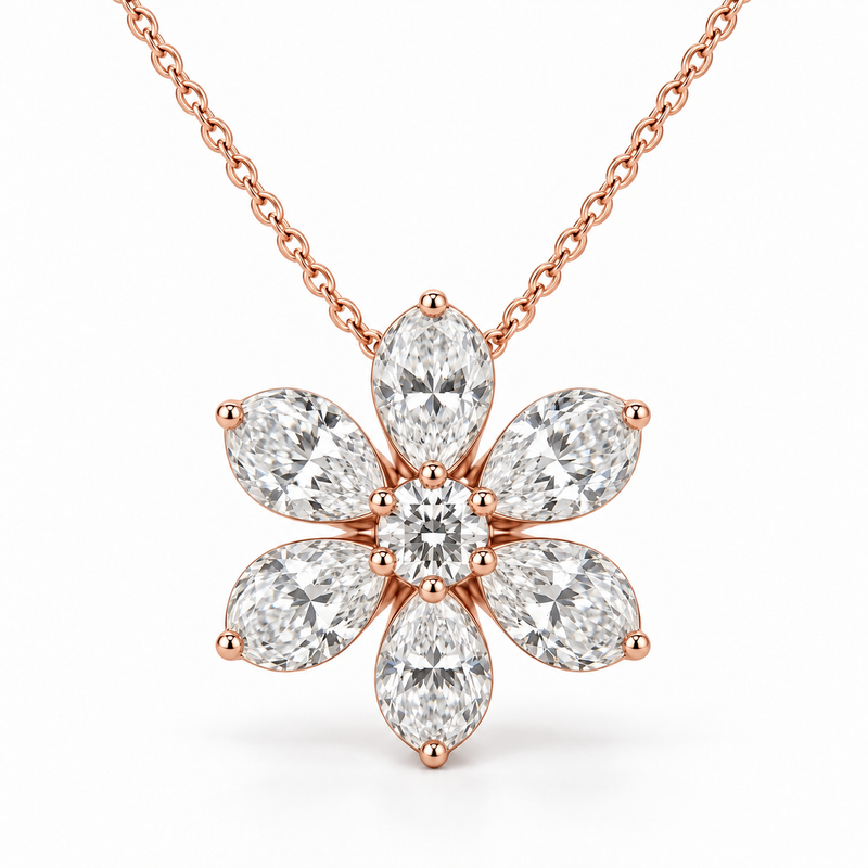 Six-Petal Diamond Flower, Pear & Round, 14K Rose Gold — illustrative design rendering