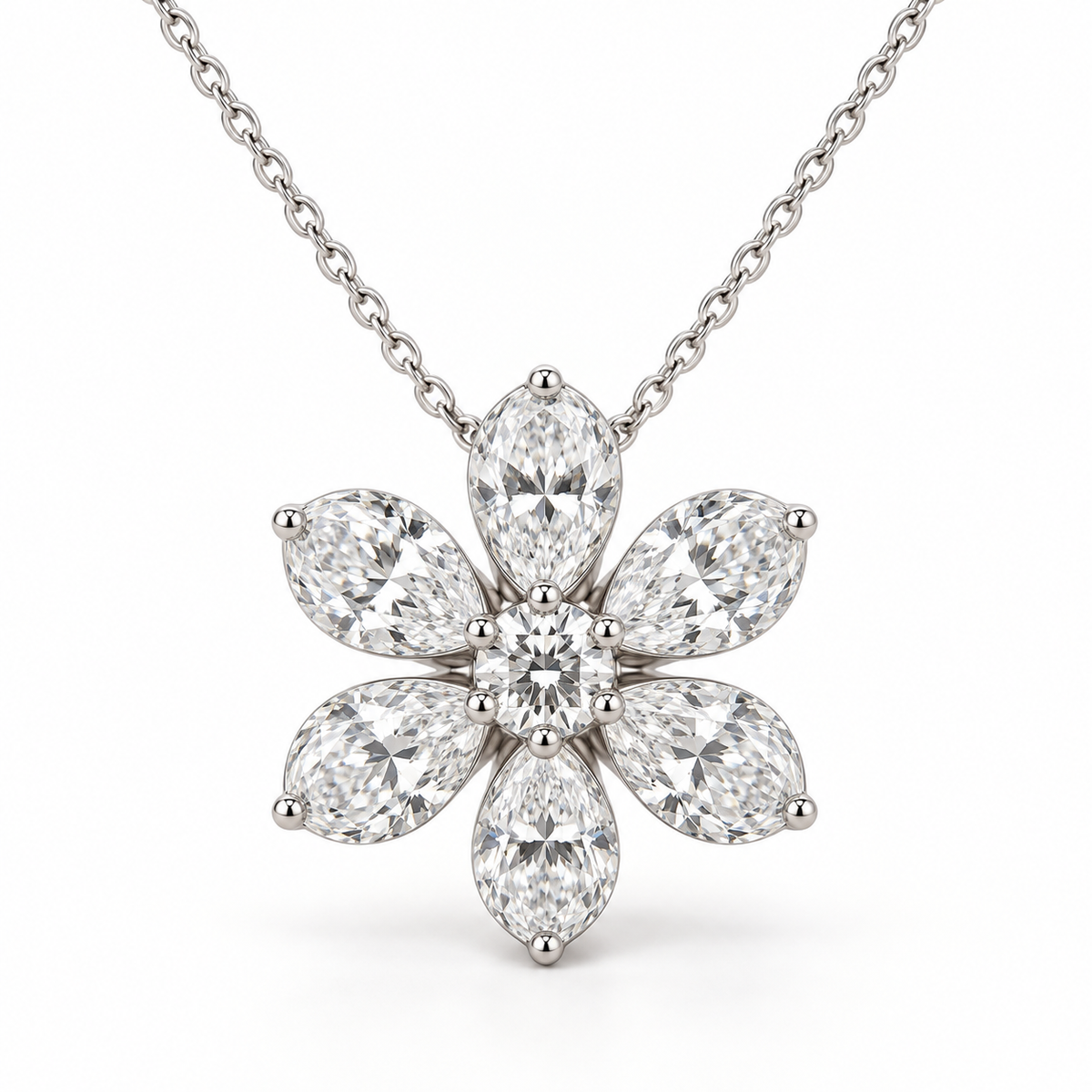 Six-Petal Diamond Flower, Pear & Round, 14K White Gold — illustrative design rendering