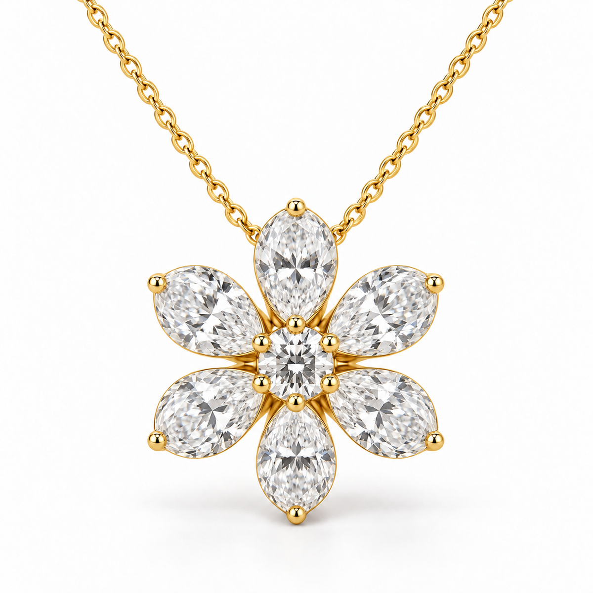 Six-Petal Diamond Flower, Pear & Round, 14K Yellow Gold — illustrative design rendering