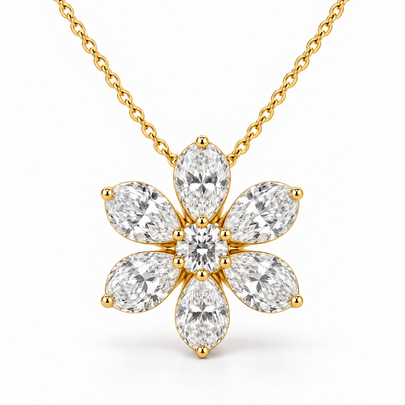Six-Petal Diamond Flower, Pear & Round, 14K Yellow Gold — illustrative design rendering