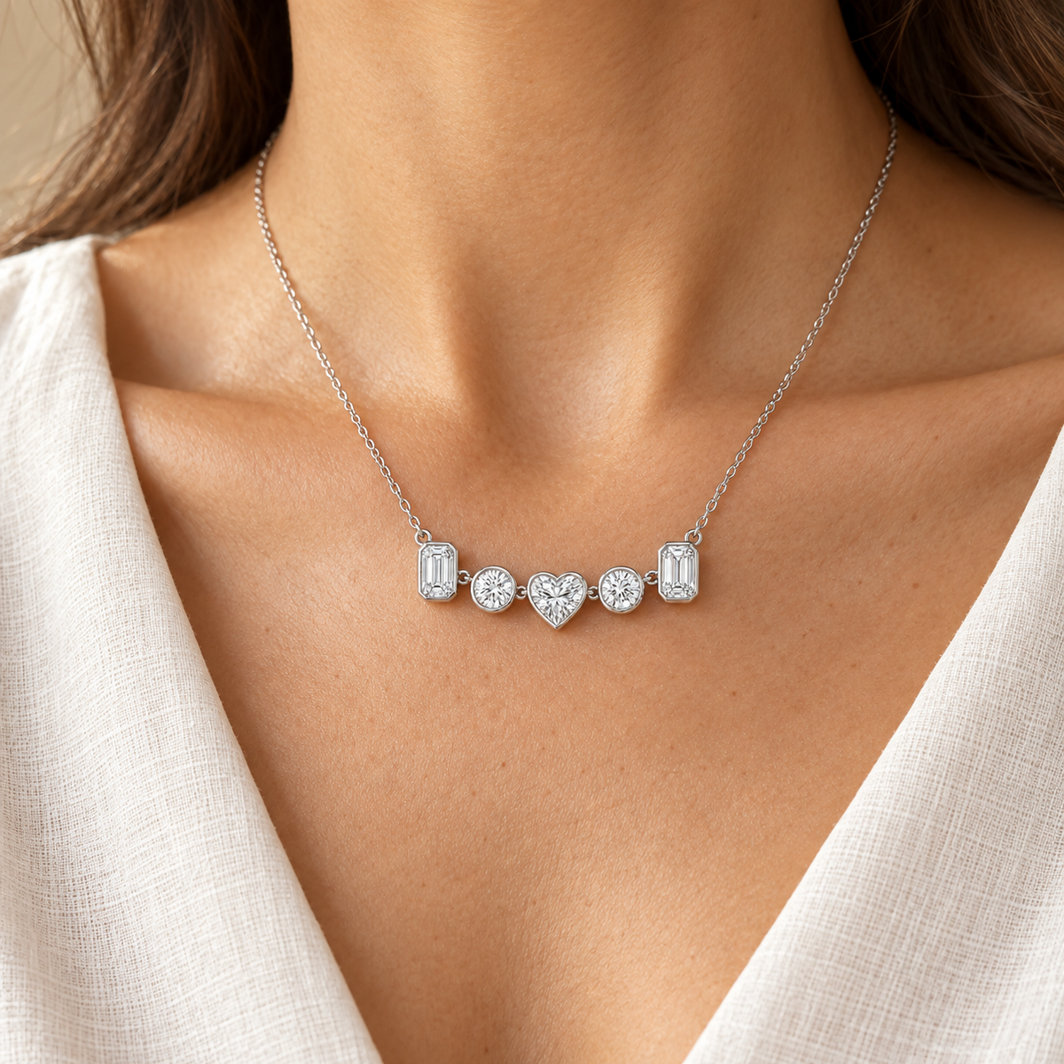 Five-Stone Mosaic Bezel, Heart, Round & Emerald, white gold worn view — illustrative design rendering
