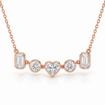 Five-Stone Mosaic Bezel, Heart, Round & Emerald, 14K Rose Gold — illustrative design rendering