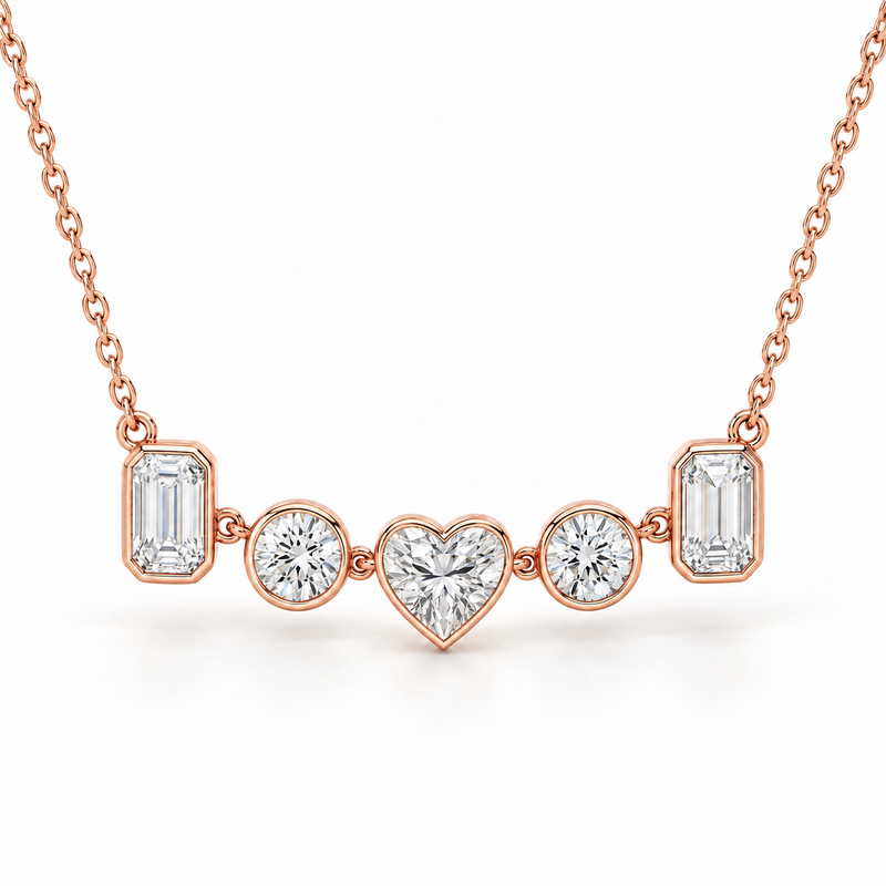 Five-Stone Mosaic Bezel, Heart, Round & Emerald, 14K Rose Gold — illustrative design rendering