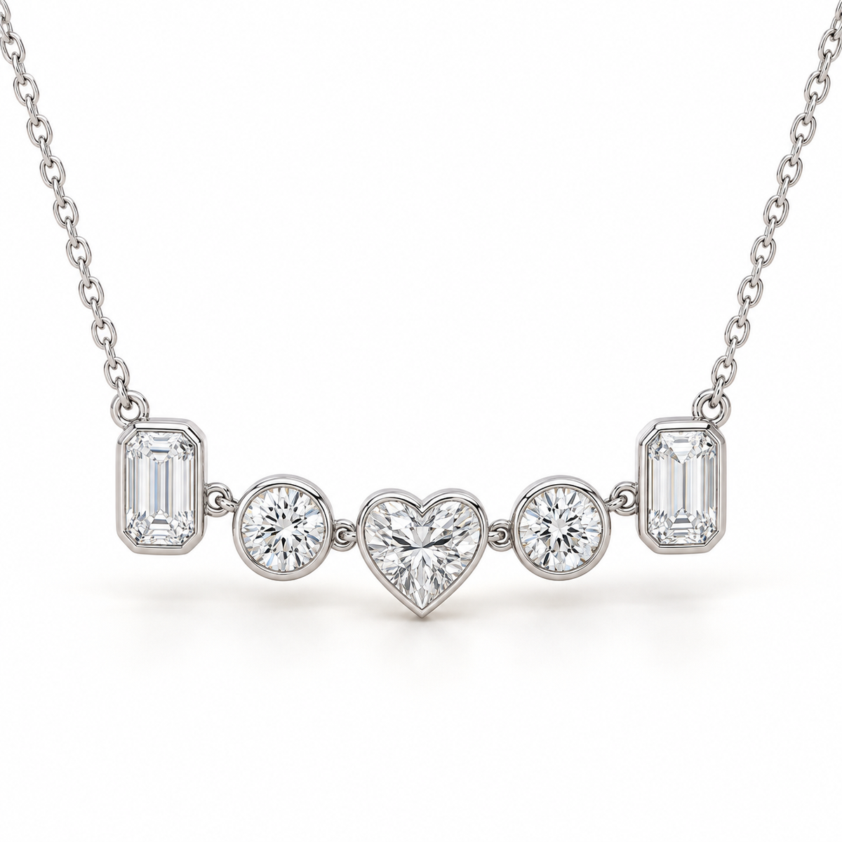 Five-Stone Mosaic Bezel, Heart, Round & Emerald, 14K White Gold — illustrative design rendering