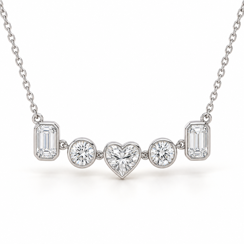 Five-Stone Mosaic Bezel, Heart, Round & Emerald, 14K White Gold — illustrative design rendering