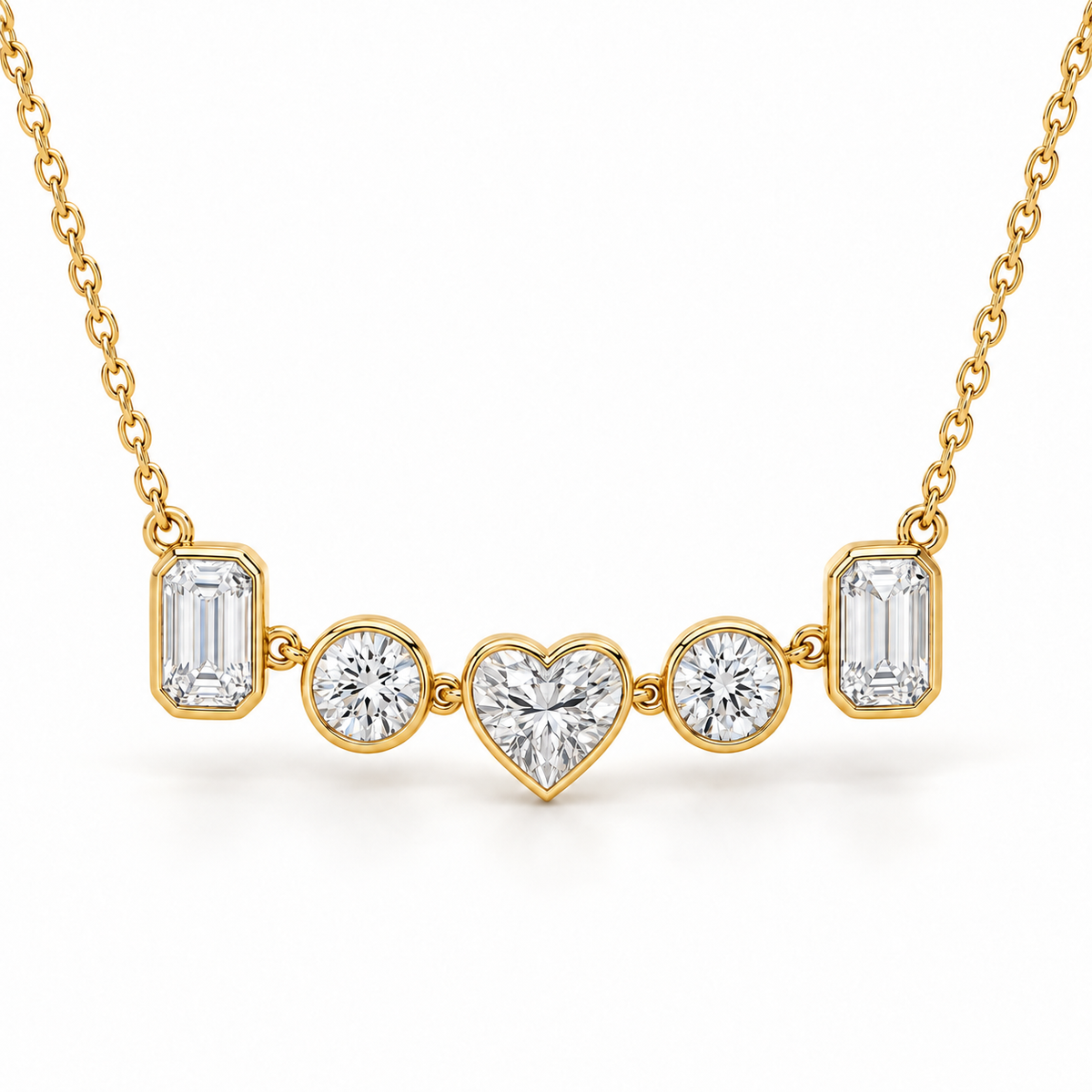 Five-Stone Mosaic Bezel, Heart, Round & Emerald, 14K Yellow Gold — illustrative design rendering