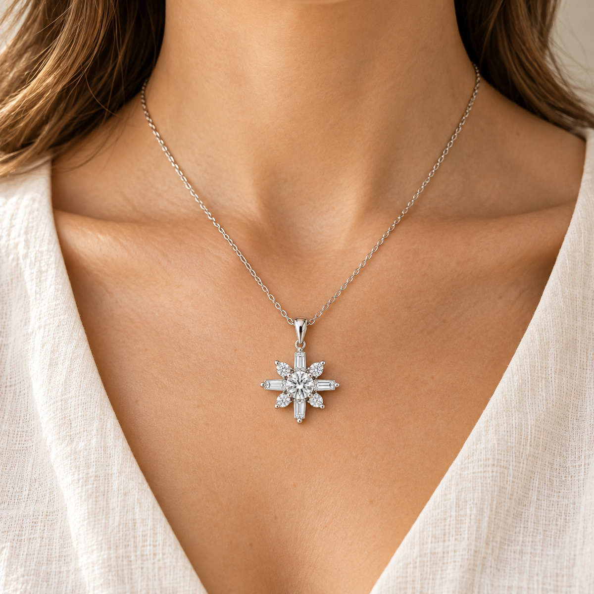 Celestial Starburst, Round, Baguette & Pear, white gold worn view — illustrative design rendering