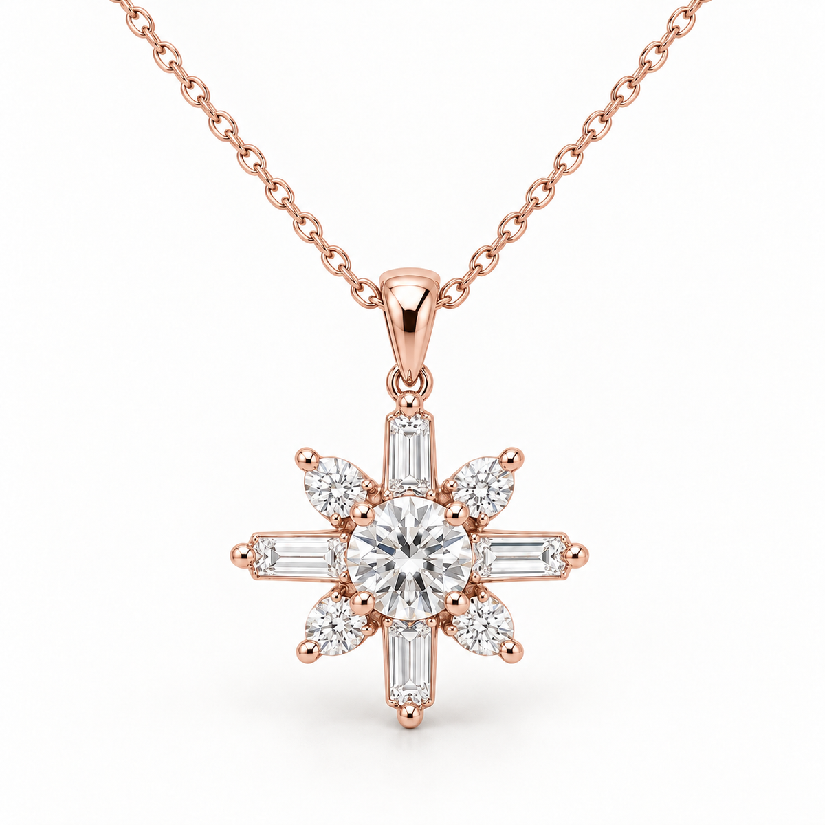 Celestial Starburst, Round, Baguette & Pear, 14K Rose Gold — illustrative design rendering