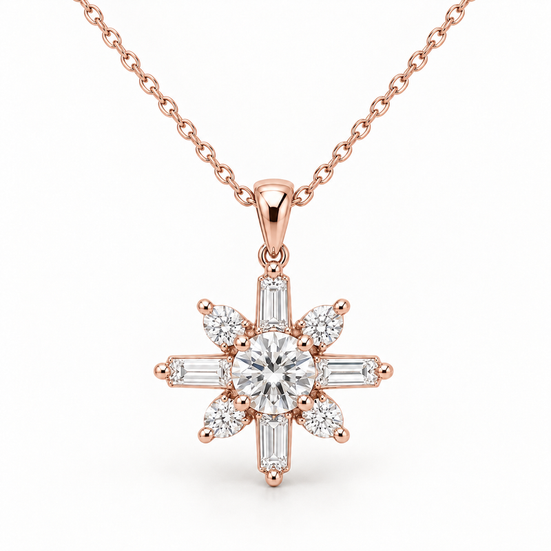 Celestial Starburst, Round, Baguette & Pear, 14K Rose Gold — illustrative design rendering