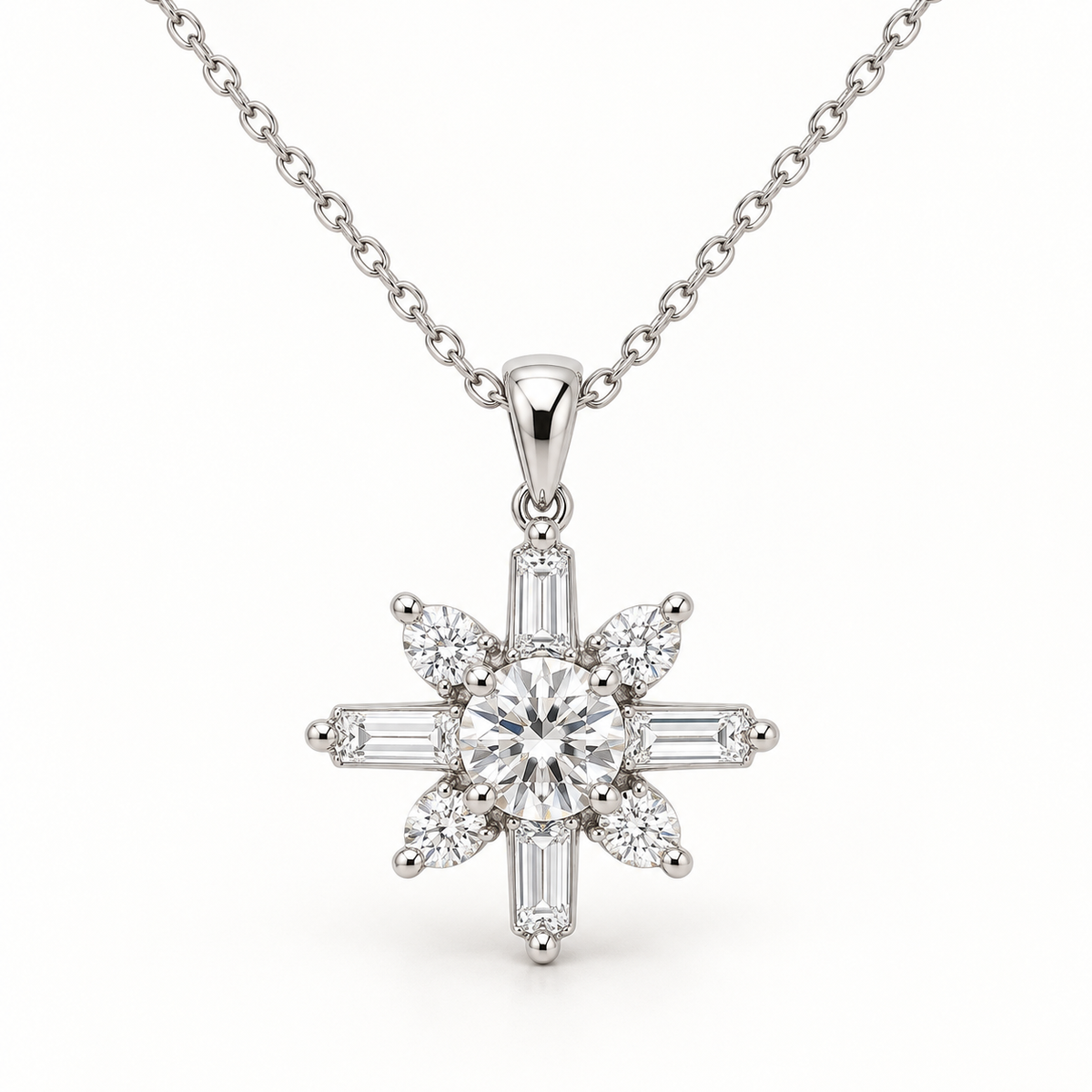 Celestial Starburst, Round, Baguette & Pear, 14K White Gold — illustrative design rendering