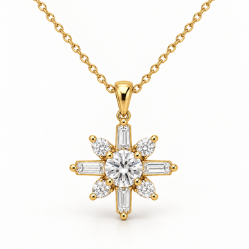 Celestial Starburst, Round, Baguette & Pear, 14K Yellow Gold — illustrative design rendering