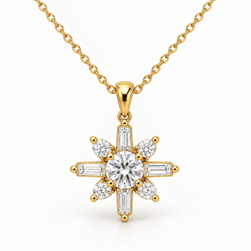 Celestial Starburst, Round, Baguette & Pear, 14K Yellow Gold — illustrative design rendering