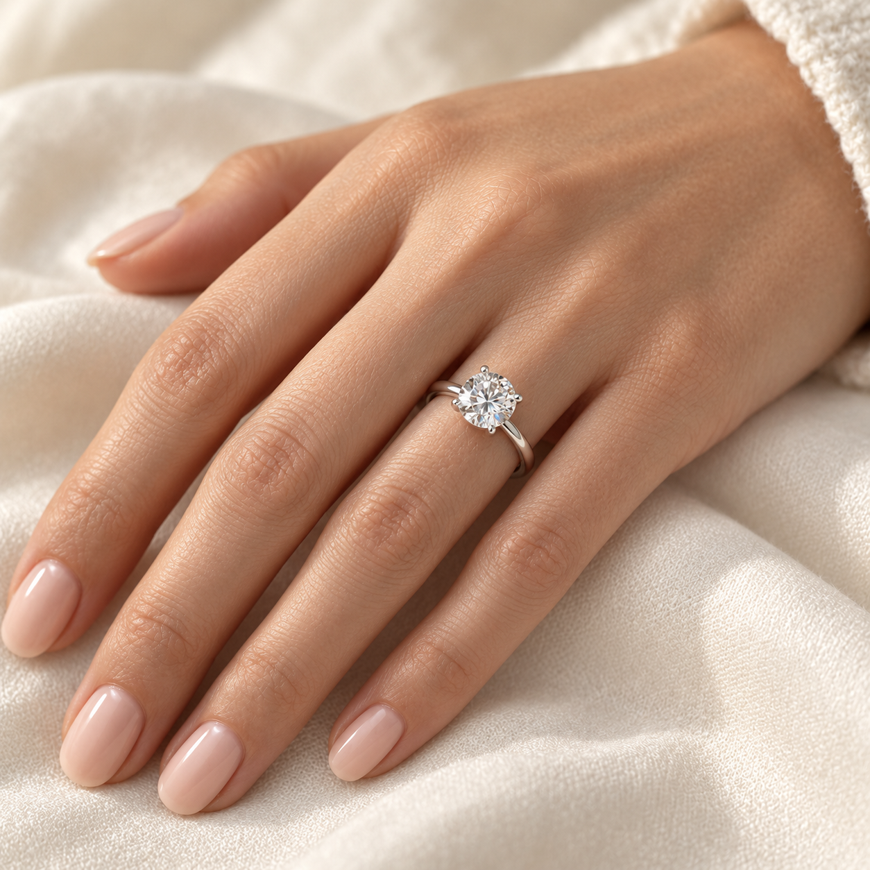 Illustrative render — Round Low Setting Solitaire Lab-Grown Diamond Engagement Ring — on-hand view
