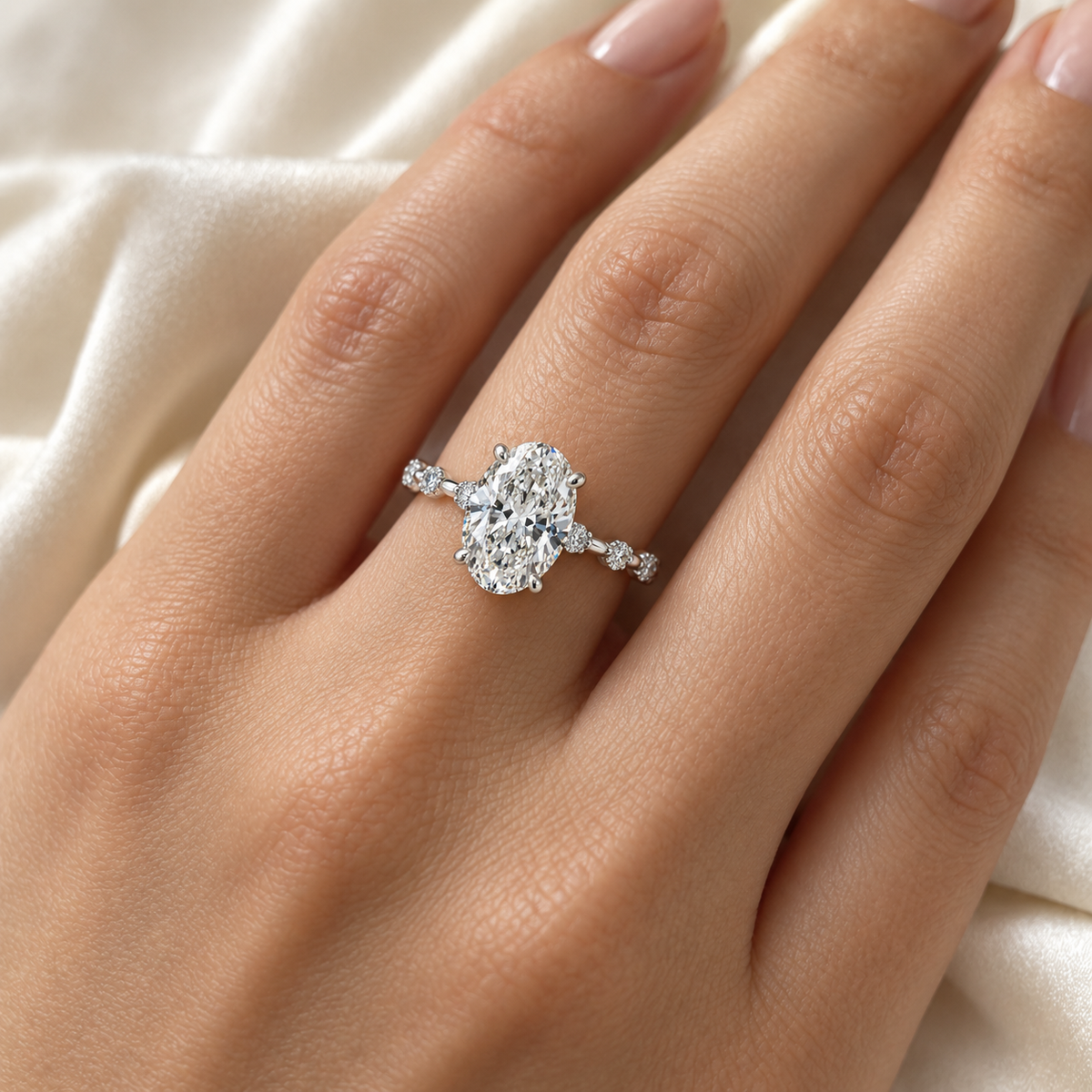 Oval Diamond Station Lab-Grown Diamond Engagement Ring — on-hand illustrative render